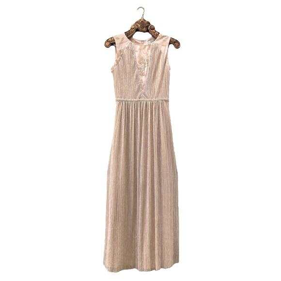 Tahari ASL Gold Metallic Sequin Embroidered Floor Length Pleated Maxi Dress 4 - Picture 1 of 12